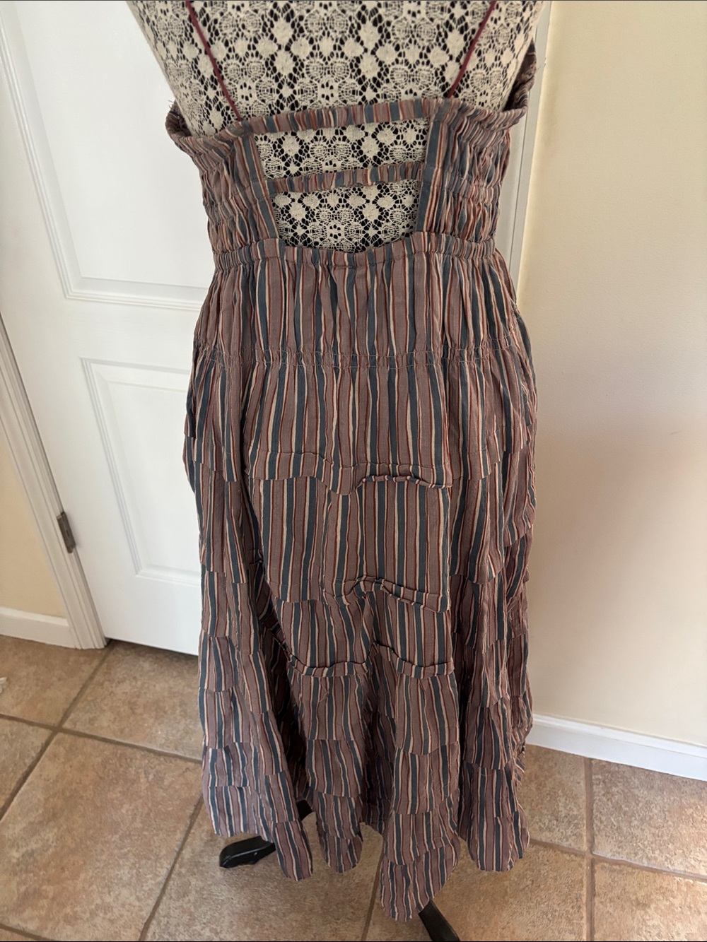 Free People Going Steady Rust Blue Striped Tiered Midi Dress-M - Picture 6 of 10